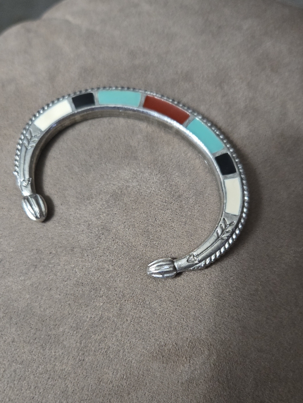Zuni Silver Inlay Cuff Bracelet with Turquoise & Coral Accent.